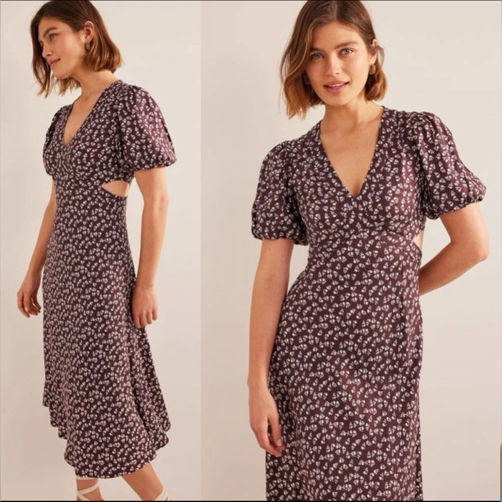 Boden Purple Floral Midi Dress with Puff Sleeves Size 8